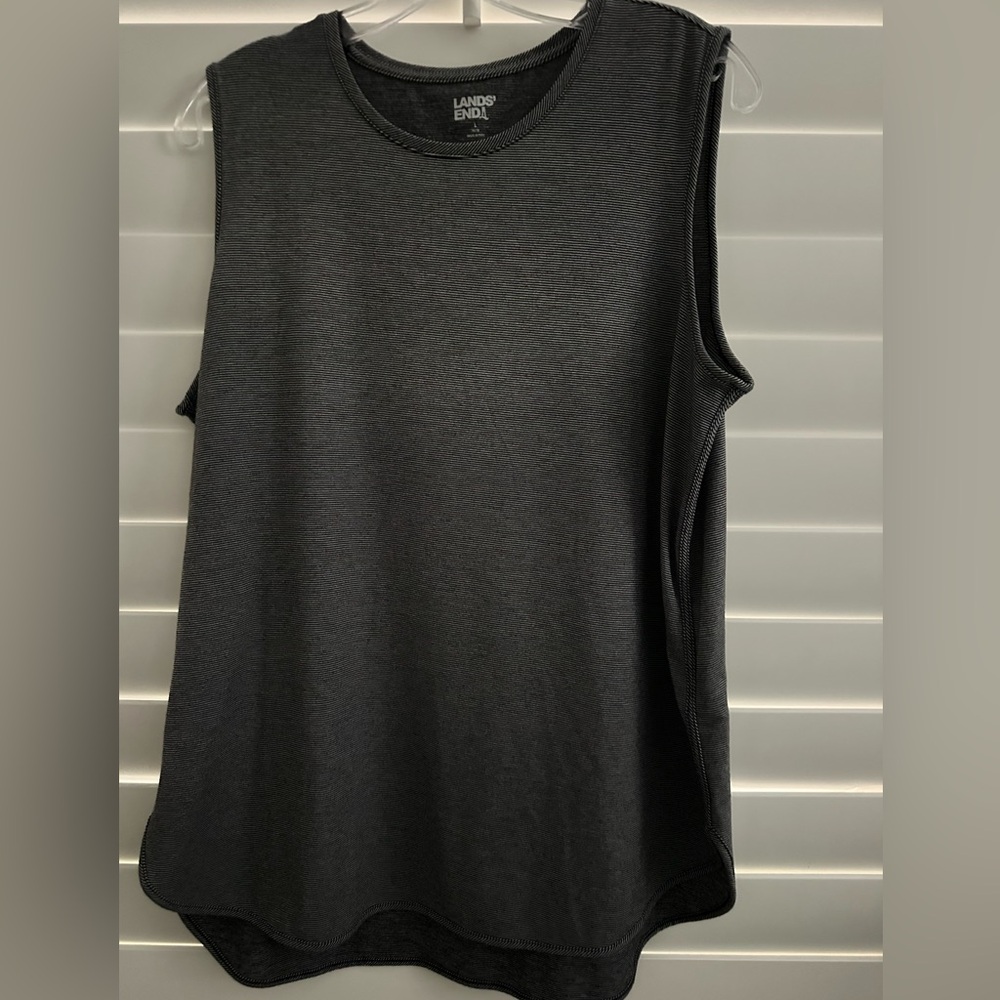 Lands End Black/White Pinstripe Moisture Wicking UPF 50 Sun Tunic Tank Lar…